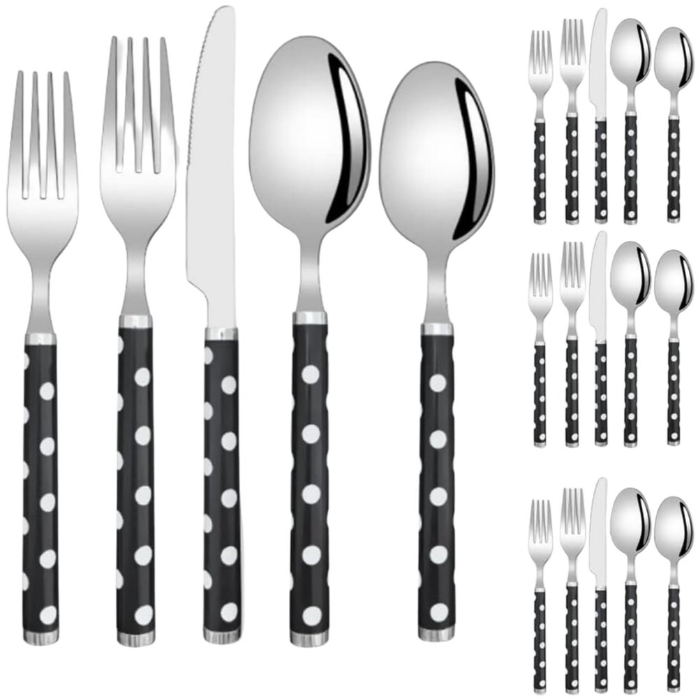 20 Pcs Silverware Set, Long Handle Thickened Design, Black White Polka Dot Pattern, 18/10 Stainless Steel Flatware For 4 People(Black)