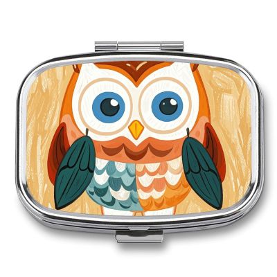 Animal Cartoon Owls Cute Pill Box 2 Compartment Waterproof Pill Case with Mirror Portable for Purse Pocket Daily Medicine Vitamin Organizer Travel Med Container Holder for Fish Oil Supplements