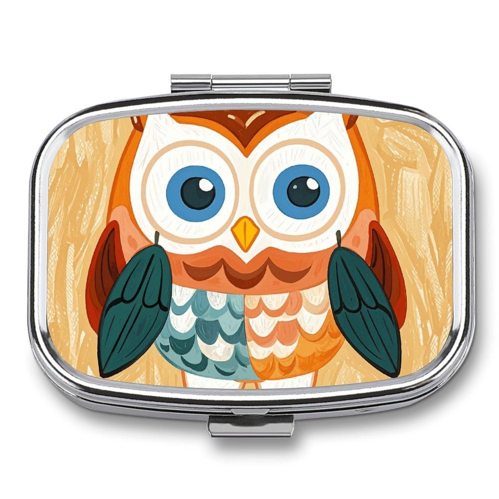 Animal Cartoon Owls Cute Pill Box 2 Compartment Waterproof Pill Case with Mirror Portable for Purse Pocket Daily Medicine Vitamin Organizer Travel Med Container Holder for Fish Oil Supplements
