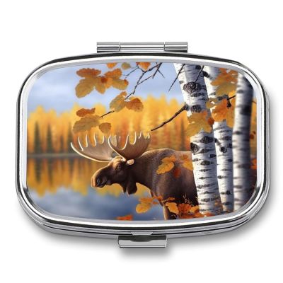 Fall Birch Leaves Elk Pill Box 2 Compartment Waterproof Pill Case with Mirror Portable for Purse Pocket Daily Medicine Vitamin Organizer Travel Med Container Holder for Fish Oil Supplements