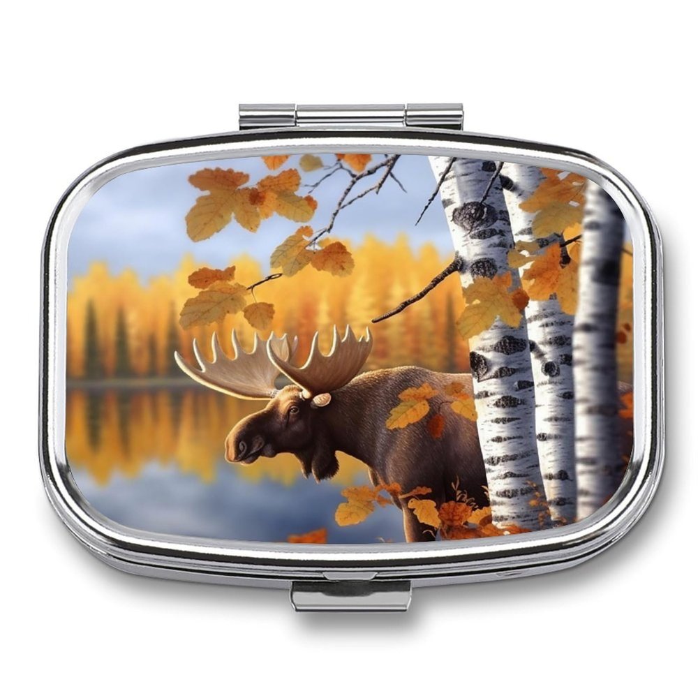 Fall Birch Leaves Elk Pill Box 2 Compartment Waterproof Pill Case with Mirror Portable for Purse Pocket Daily Medicine Vitamin Organizer Travel Med Container Holder for Fish Oil Supplements