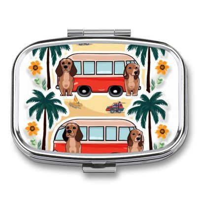 Summer Bus Palm Tree Pill Box 2 Compartment Waterproof Pill Case with Mirror Portable for Purse Pocket Daily Medicine Vitamin Organizer Travel Med Container Holder for Fish Oil Supplements