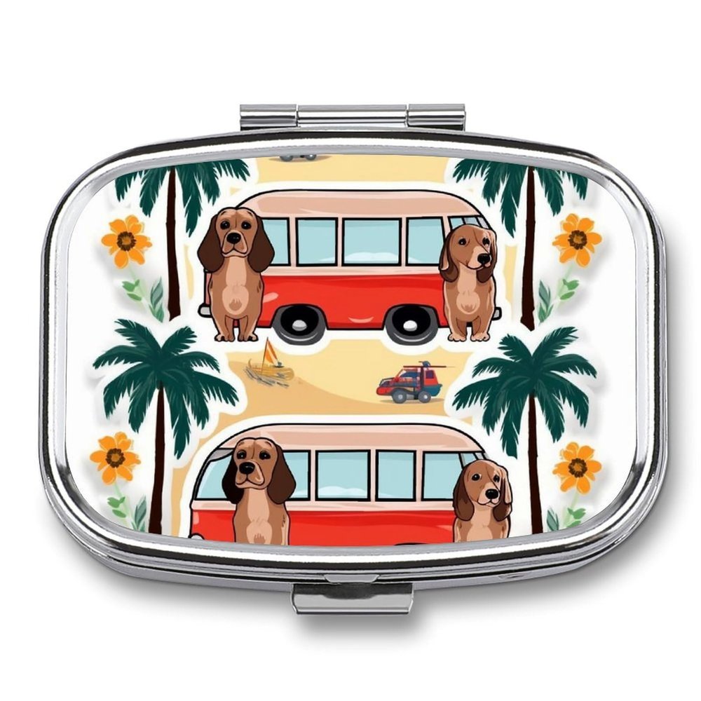 Summer Bus Palm Tree Pill Box 2 Compartment Waterproof Pill Case with Mirror Portable for Purse Pocket Daily Medicine Vitamin Organizer Travel Med Container Holder for Fish Oil Supplements