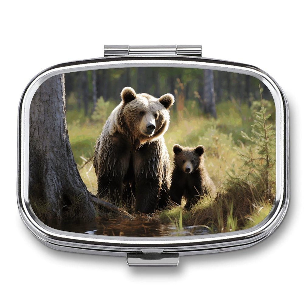 Mother Brown Bears Protect Cubs Pill Box 2 Compartment Waterproof Pill Case with Mirror Portable for Purse Pocket Daily Medicine Vitamin Organizer Travel Med Container Holder for Fish Oil Supplements