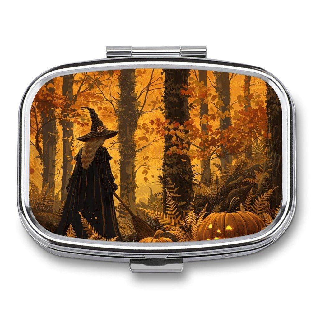 Pumpkins and Ferns Pill Box 2 Compartment Waterproof Pill Case with Mirror Portable for Purse Pocket Daily Medicine Vitamin Organizer Travel Med Container Holder for Fish Oil Supplements