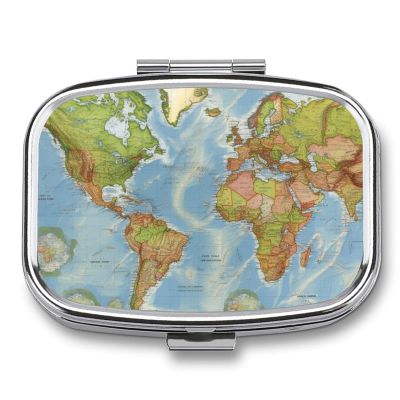 World Map Pill Box 2 Compartment Waterproof Pill Case with Mirror Portable for Purse Pocket Daily Medicine Vitamin Organizer Travel Med Container Holder for Fish Oil Supplements