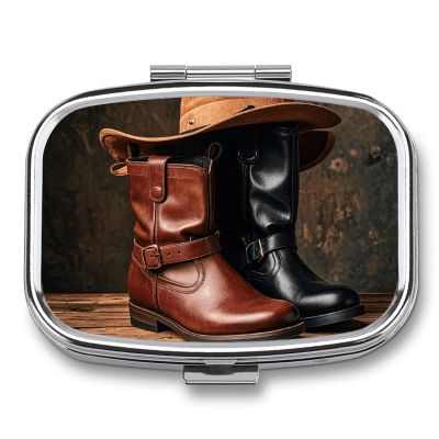 Leather Boots Hat Rustic Metal Pill Organizer, 2 Compartment Waterproof Pill Case with Mirror for Purse Pocket Bag, Daily Medicine Vitamin Holder, Portable Travel Med Container(Square)