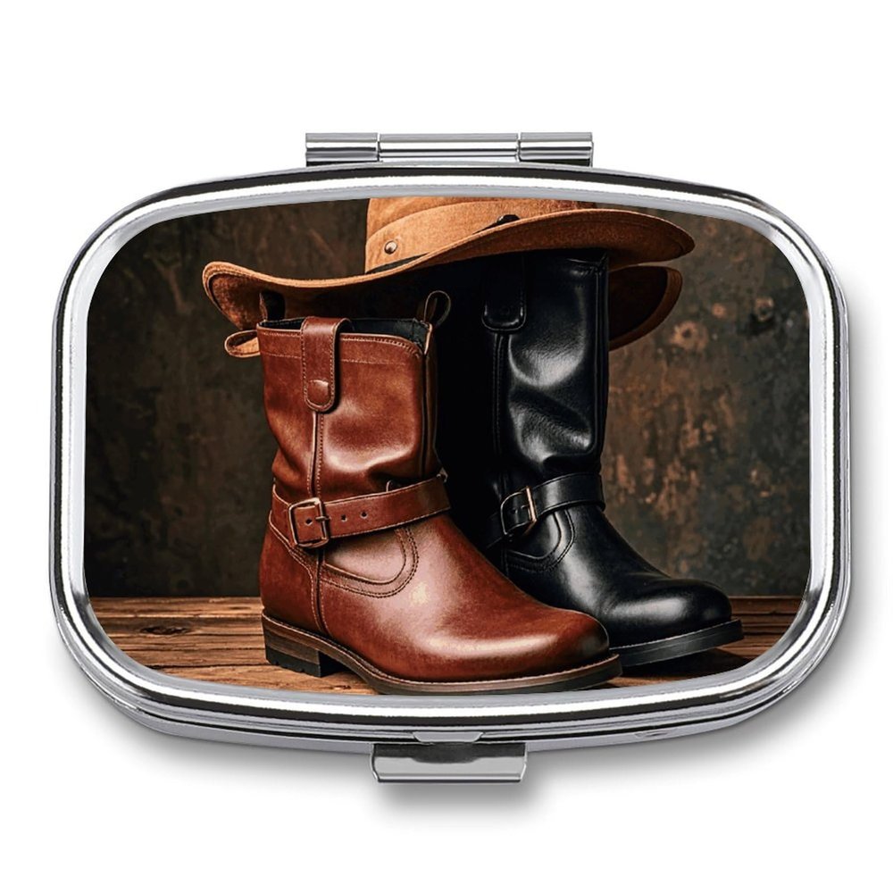 Leather Boots Hat Rustic Metal Pill Organizer, 2 Compartment Waterproof Pill Case with Mirror for Purse Pocket Bag, Daily Medicine Vitamin Holder, Portable Travel Med Container(Square)