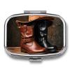 Leather Boots Hat Rustic Metal Pill Organizer, 2 Compartment Waterproof Pill Case with Mirror for Purse Pocket Bag, Daily Medicine Vitamin Holder, Portable Travel Med Container(Square) view 1