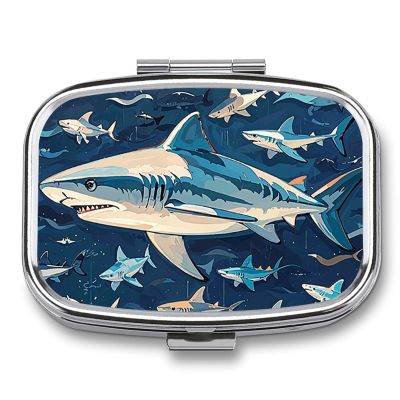 Sharks Nautical Pill Box 2 Compartment Waterproof Pill Case with Mirror Portable for Purse Pocket Daily Medicine Vitamin Organizer Travel Med Container Holder for Fish Oil Supplements