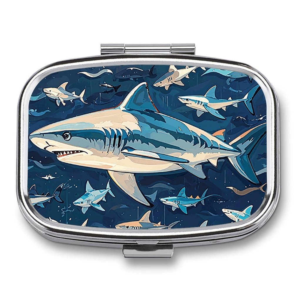 Sharks Nautical Pill Box 2 Compartment Waterproof Pill Case with Mirror Portable for Purse Pocket Daily Medicine Vitamin Organizer Travel Med Container Holder for Fish Oil Supplements