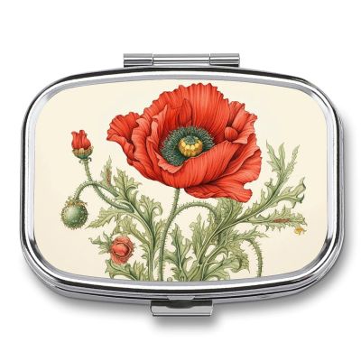 Poppy Painting Pill Box 2 Compartment Waterproof Pill Case with Mirror Portable for Purse Pocket Daily Medicine Vitamin Organizer Travel Med Container Holder for Fish Oil Supplements