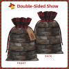 Christmas Drawstring Burlap Gift Bags for Holiday Bag, Rustic Aged Wood Tile Print Treats Candy Wrap Party Pouches view 2