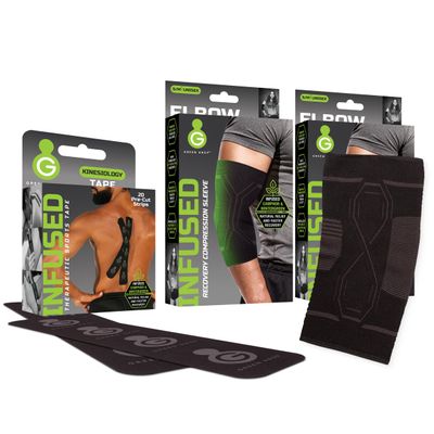 2 Pack Compression Elbow & Calf Sleeve S/M and Kinesiology Tape Precut Bundle, 20 Strips, Herb-Infused Support for Tendonitis, Tennis Elbow, Calf Strain & Pain Relief, Ideal for Gym & Sports, Black