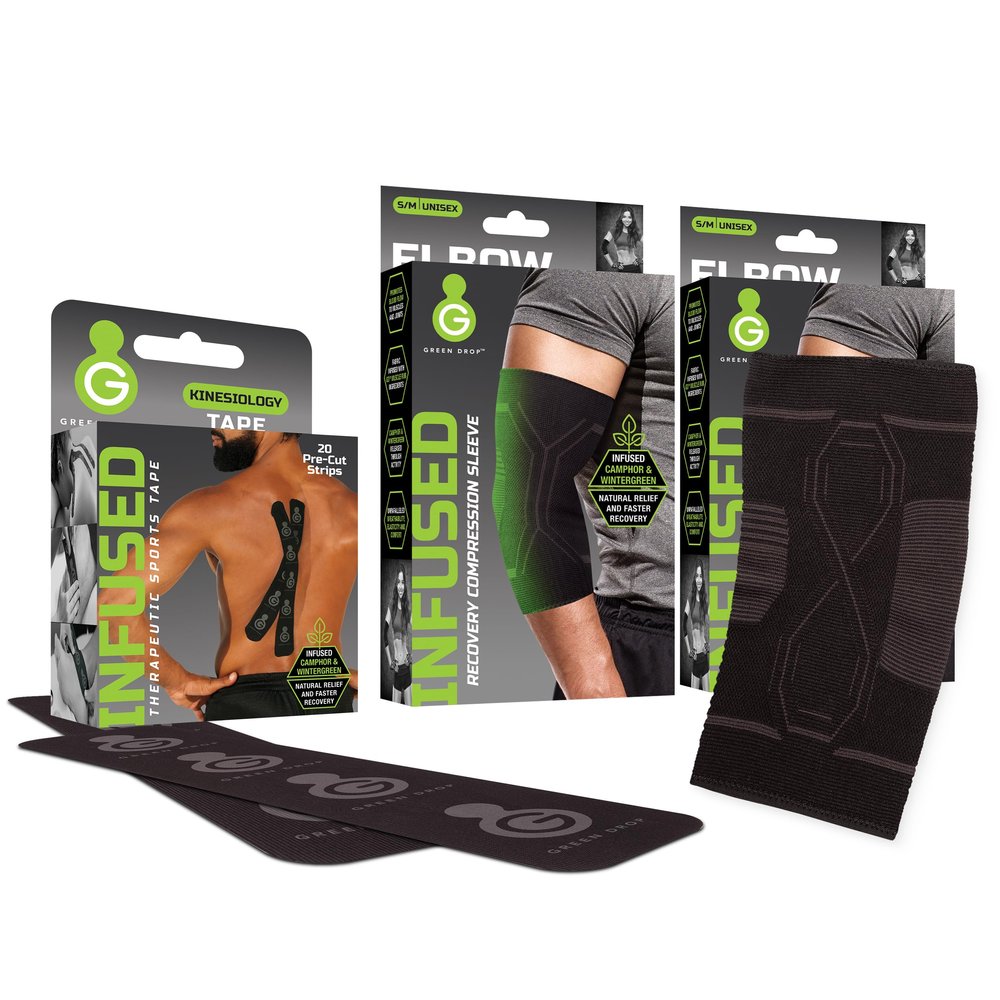 2 Pack Compression Elbow & Calf Sleeve S/M and Kinesiology Tape Precut Bundle, 20 Strips, Herb-Infused Support for Tendonitis, Tennis Elbow, Calf Strain & Pain Relief, Ideal for Gym & Sports, Black