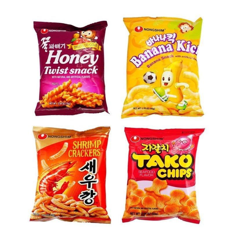 4 Packs Top Snack Selection Pack,Shrimp Crackers + Banana Crisps + Honey Twist + Tako Chips 9 oz