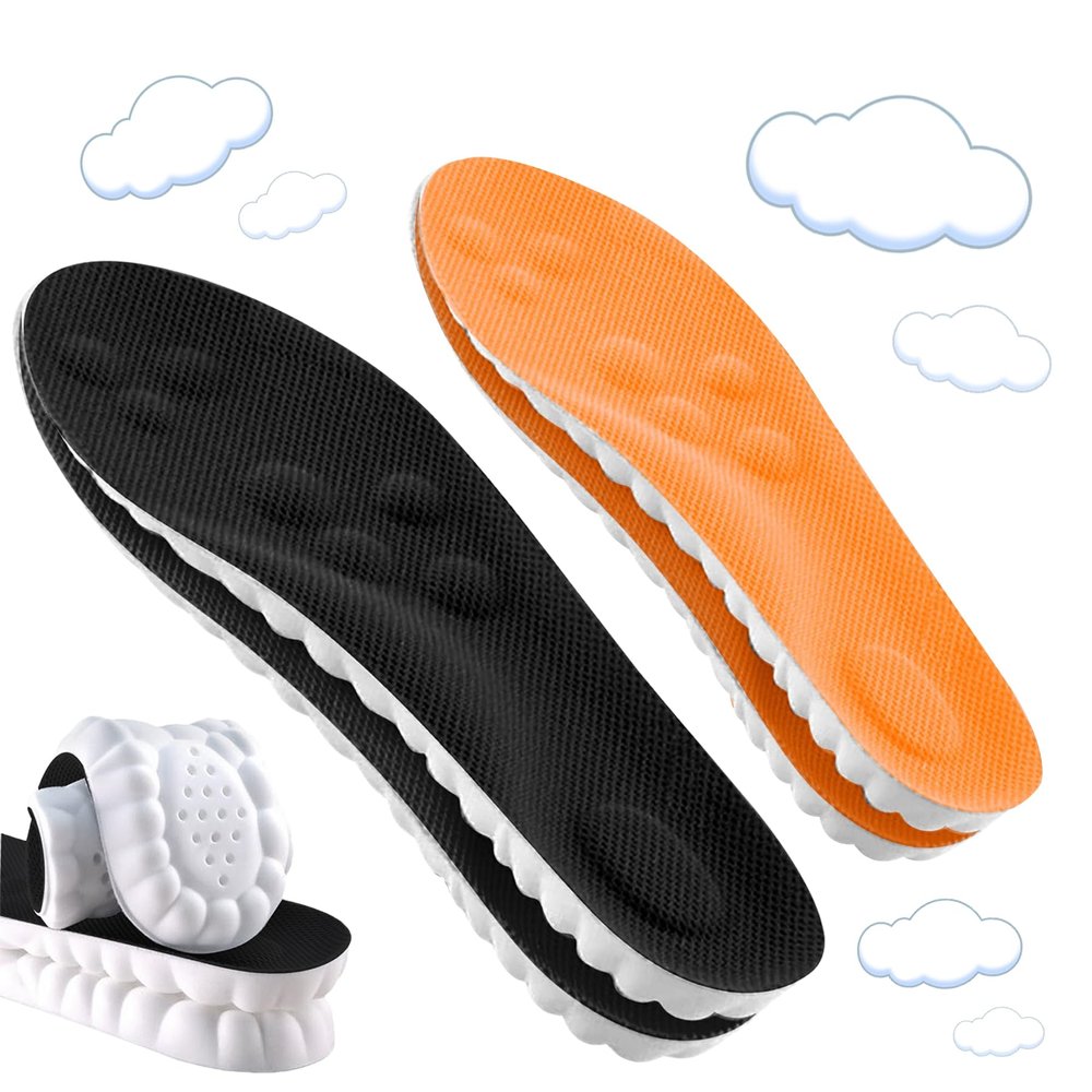 2 Pair Memory Foam 4D Cloud-Like Comfort Insoles for Men Women -Soft Cushioning Trimmable Insole with Arch Support for Foot Pain Relief and Comfort Massage Fatigue Reduction Black Orange 25.5CM