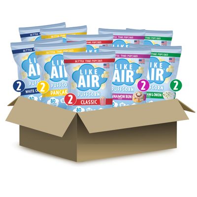 Like Air Puffcorn 5 Flavor Variety Pack (Pack of 10) - Snack Box, 50 Calories Per Cup, Gluten Free Snacks For Kids, Kosher, Non-GMO Corn, Shark Tank Product