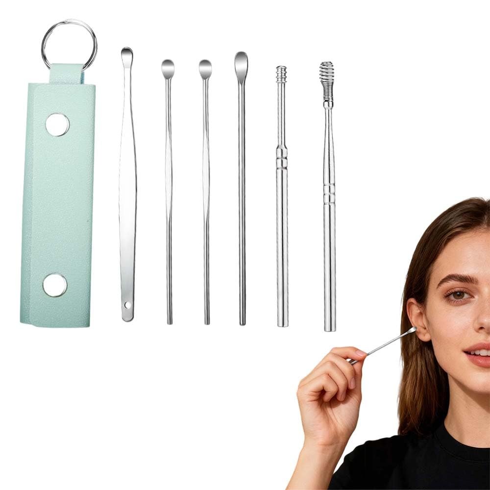 6 Pcs Stainless Steel Ear Pick Earwax Removal Kit, Spiral and Spring Ear Cleaner Tool Set, Innovative Spring Earwax Cleaner Tool Set with Portable Storage Box for Men and Women (Light Green)