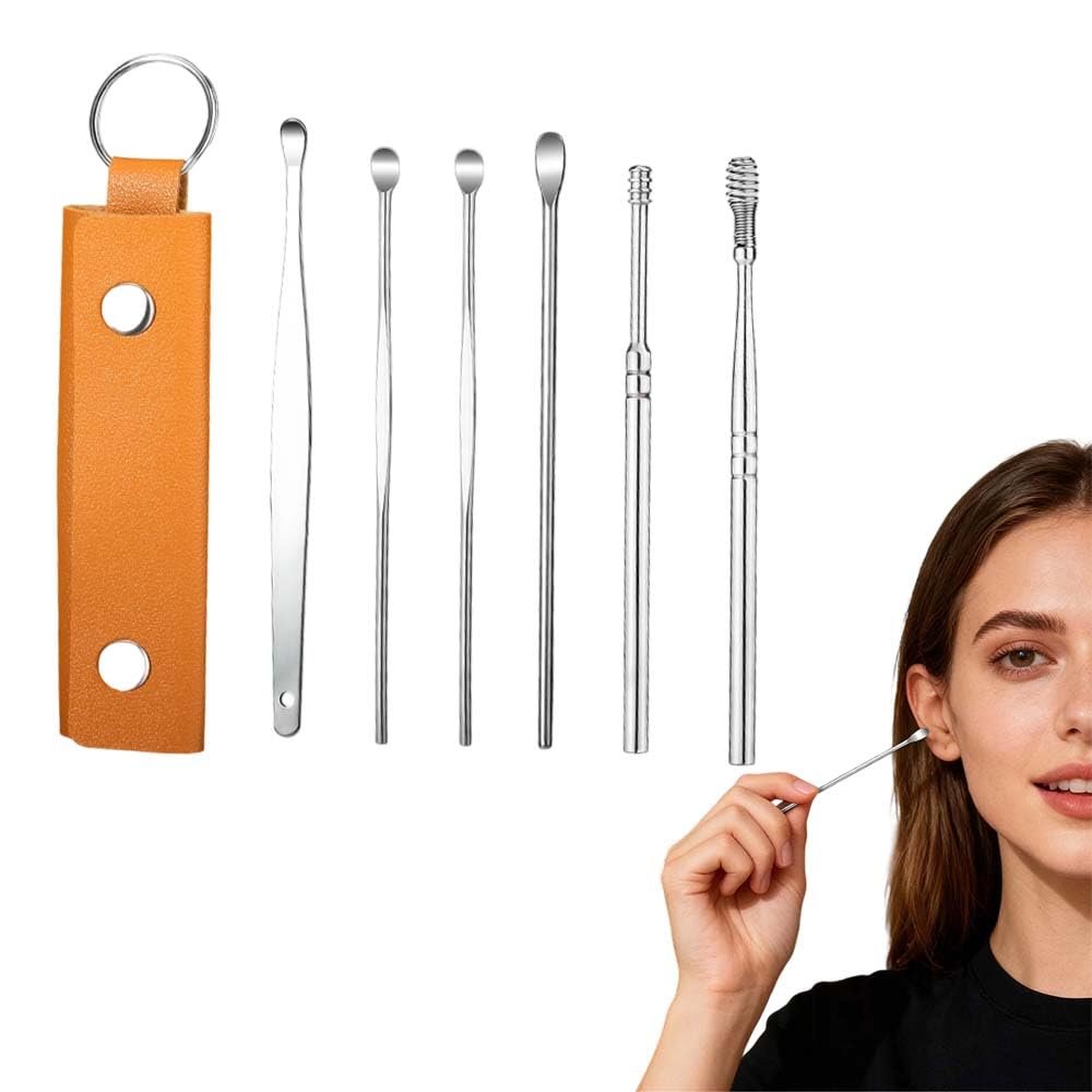 6 Pcs Stainless Steel Ear Pick Earwax Removal Kit, Spiral and Spring Ear Cleaner Tool Set, Innovative Spring Earwax Cleaner Tool Set with Portable Storage Box for Men and Women (Brown)