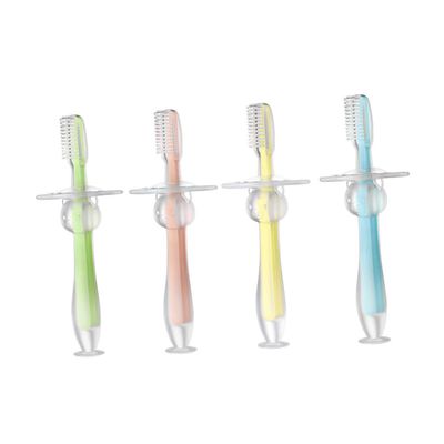 HAKIDZEL 4pcs Silicone Toothbrush with Suction Base for Teeth Training Soft Bristles Teether for Gentle Gum Care Standing Design for Easy Storage Blue Pink Green Yellow