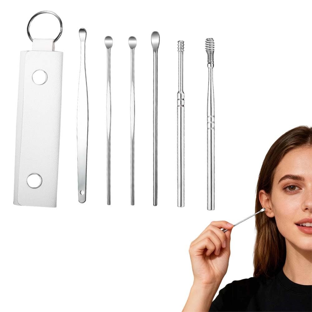6 Pcs Stainless Steel Ear Pick Earwax Removal Kit, Spiral and Spring Ear Cleaner Tool Set, Innovative Spring Earwax Cleaner Tool Set with Portable Storage Box for Men and Women (White)