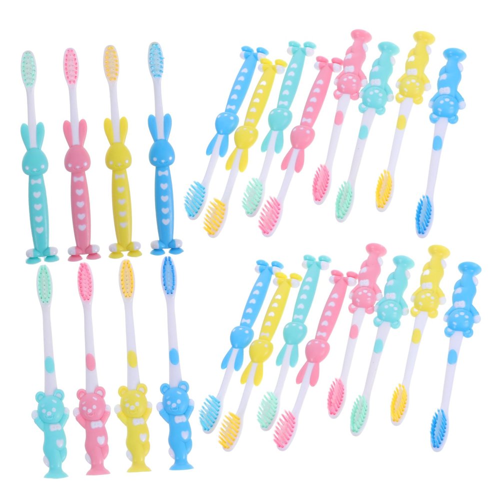 Beatifufu 32pcs Toothbrush with Gentle Thin Bristles Colorful Cartoon Animal Designs Suction Cup Base for Boys and Travel-Friendly S Tooth Brush Kit for Gentle Gum Care and Easy Storage
