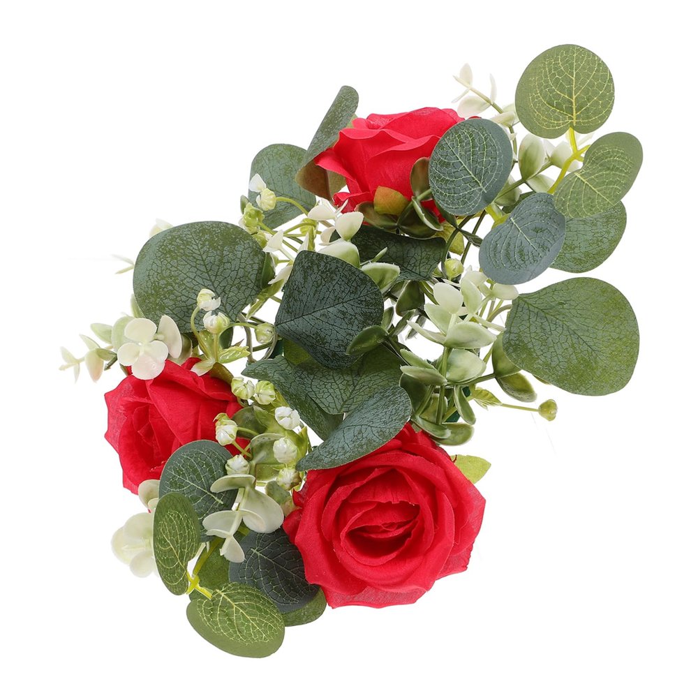 COOLHIYA Artificial Rose Candle Ring Wreath Simulated Floral Candle Rings for Pillar Decor Eucalyptus Leaf Design for Wedding Party Home Table Centerpiece Photo Props Valentine Day and
