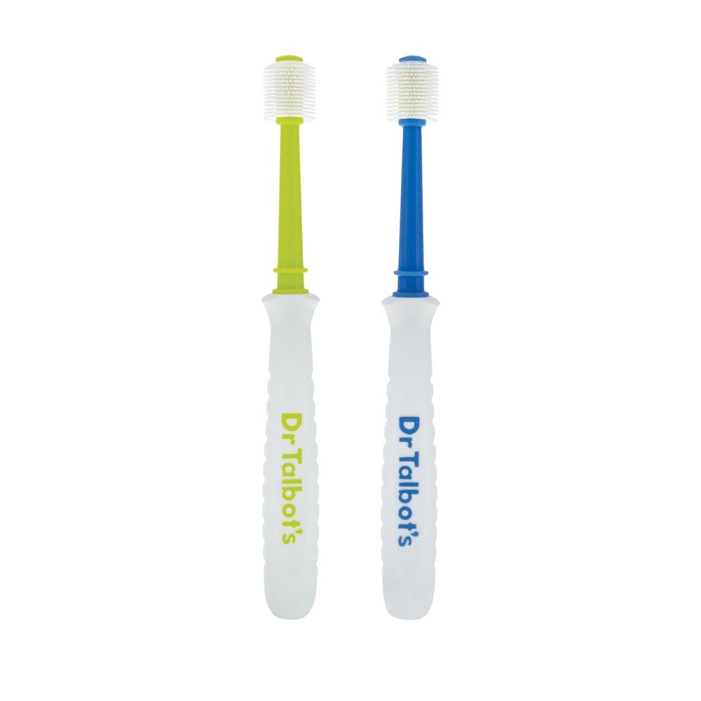 Dr. Talbot's Toddler 360 Toothbrush for Kids - Soft Bristles Gently Cleans Teeth & Massages Gums - Easy-Grip Handle for Kids - Encourages Good Oral Hygiene - (2 Pack) Blue/Green