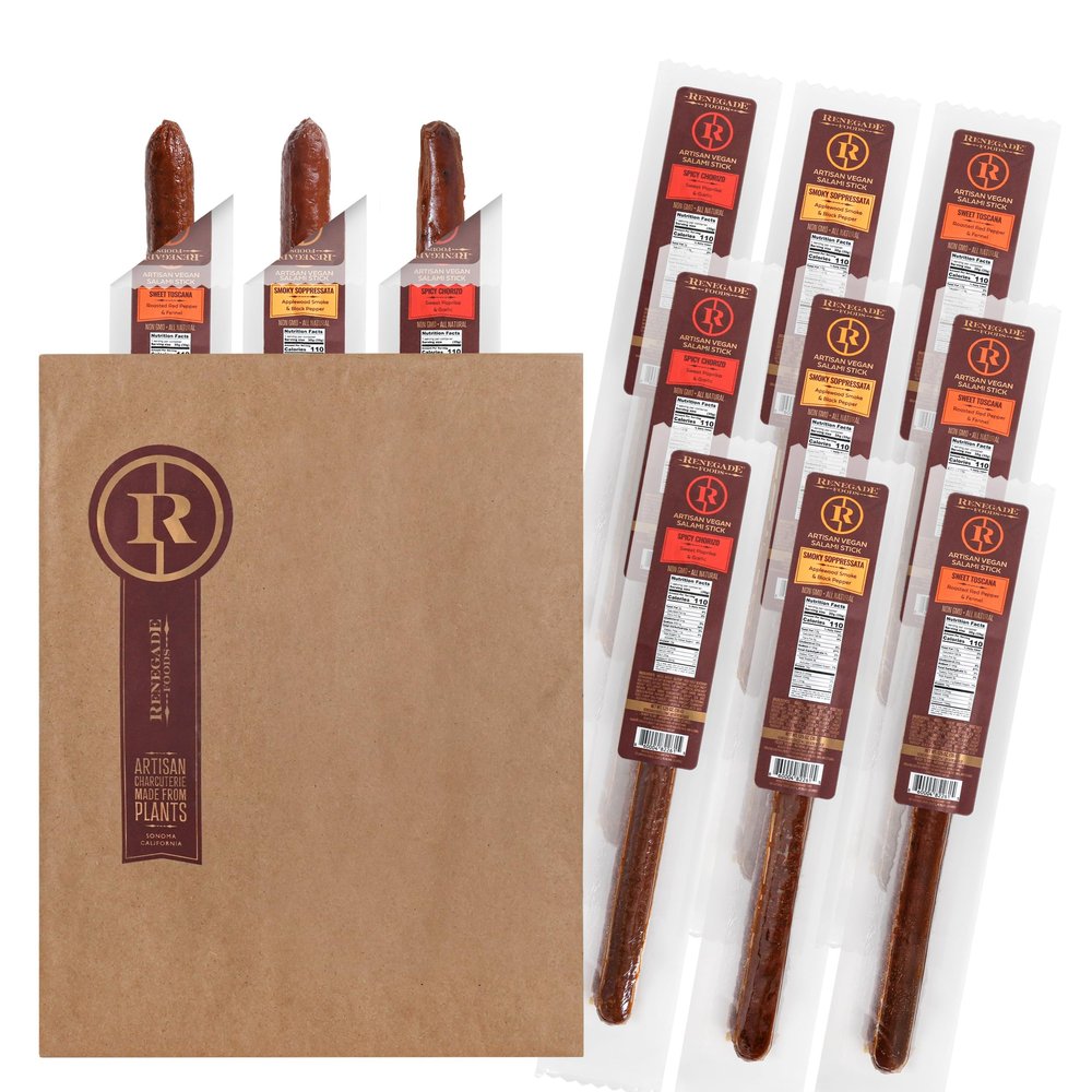 Renegade Foods Vegan Salami Sticks Variety | 9 Pack | Approx. 7 Inch Sticks | High Protein, Low Sugar, Seitan, Non-GMO | USA Made | 110 Calories & 13-14g of Protein Per Stick