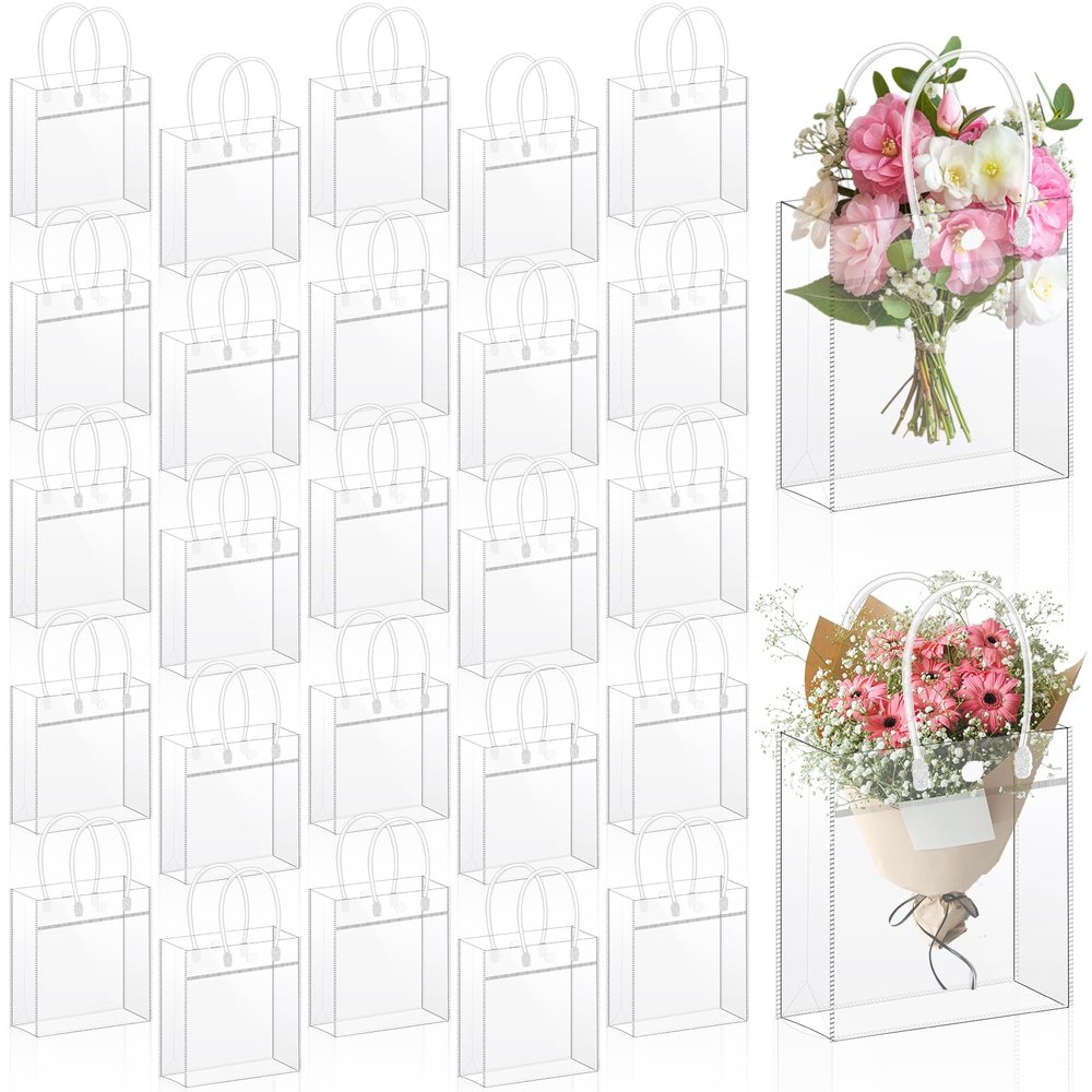 Gdotmely 50 Pack Clear Plastic Gift Bags, Transparent Gift Wrap Bags with Handles, Small Reusable Party Favor Bag for Birthday Party, Wedding, Shopping Retail, Christmas (5.9 x 6 x 2.7 Inch)