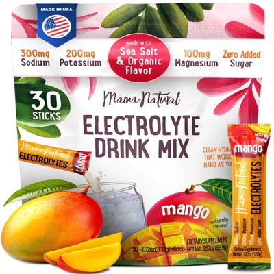 Mama Natural Electrolytes Powder Packets Instant Hydration with natural Sea Salt, Potassium & Magnesium Glycinate Sugar Free, Organic Mango Flavor 30 Travel Sticks for Postpartum & Pregnancy