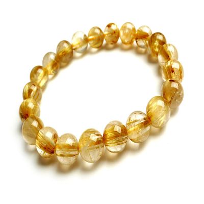 100% Natural Gold Rutilated Quartz Crystal Wealthy 9mm Round Beads Women Men Bracelet