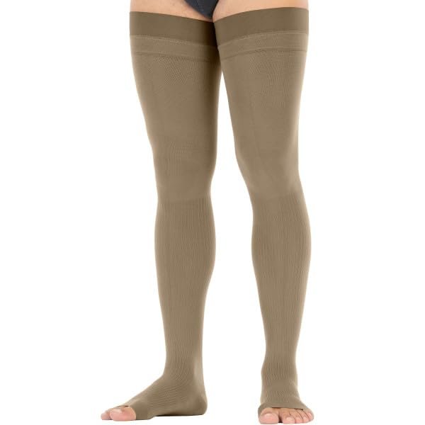 JOBST forMen Dotted Thigh High 30-40 mmHg Compression Socks, Open Toe, Khaki, Medium, Long