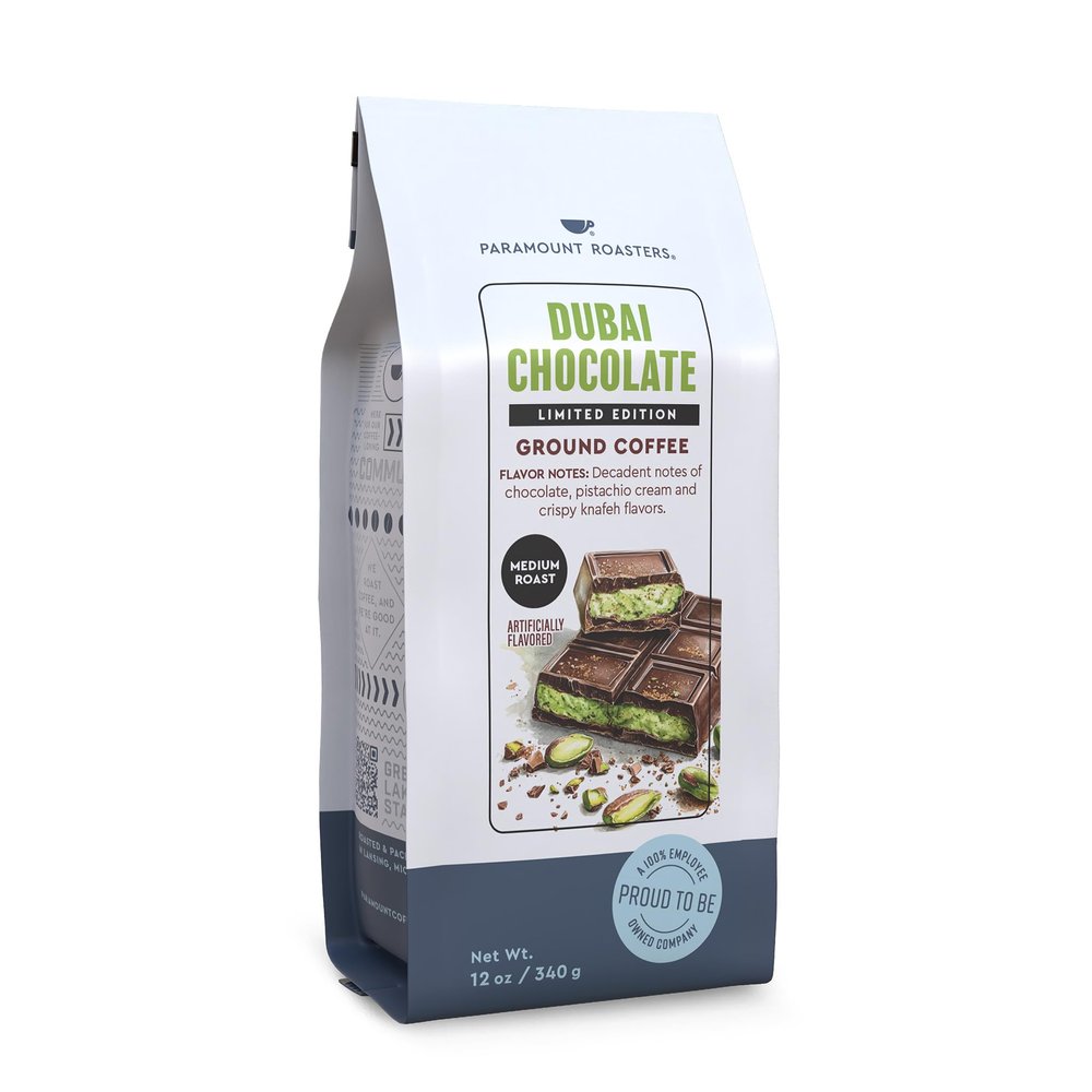 Paramount Roasters Limited Edition Dubai Chocolate Flavored Ground Coffee, 12oz Medium Roast 100% Arabica