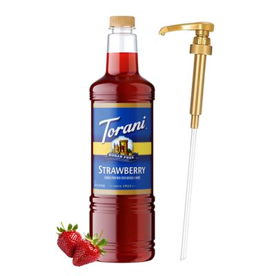 Torani Sugar Free Strawberry Syrup 1 Liter Bottle with Pump Zero Calorie Keto-Friendly Drink Flavoring for Coffee, Cocktails, Mocktails, Sodas & Desserts No Sugar, Low Carb Beverage Enhancer