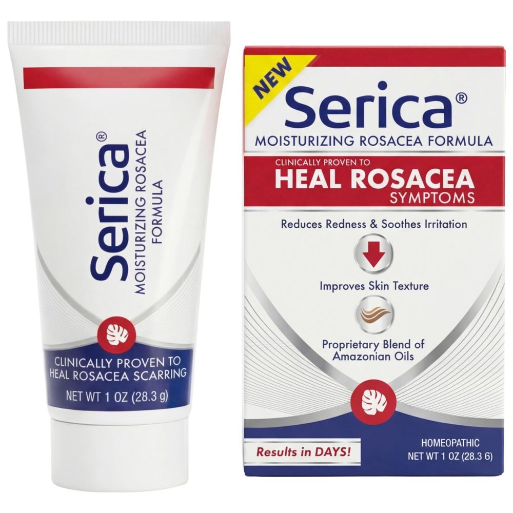 Serica Moisturizing Rosacea Formula (1 Oz), Helps Reduce Redness, Soothe Irritation, Improve Skin Texture & Tone, Homeopathic Face Moisturizer with Ceramides, Fatty Acids & Amazonian Oils