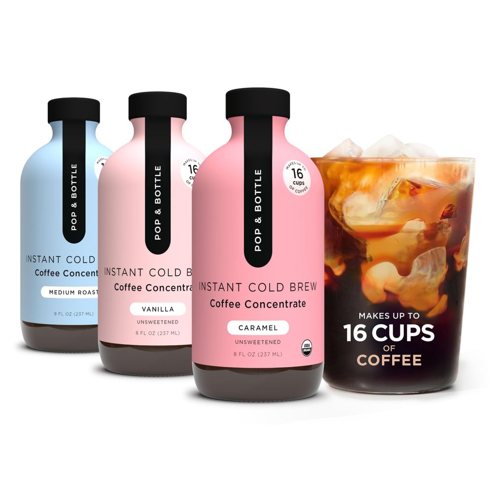 Pop & Bottle Organic Cold Brew Coffee Concentrate - Iced Coffee Concentrate Liquid for At Home, Dairy Free, Makes Up to 16 Cups - Vanilla, Caramel, & Medium Roast, 8 fl oz (Mixed 3 Pack)