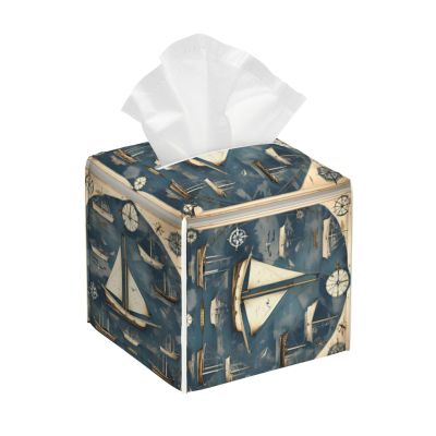 Nautical Sailboat Map Print Square Pvc Leather Tissue Box, Reusable Tissue Container For Home Car Office