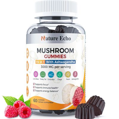 15 in 1 Mushroom Complex Gummies & Ashwagandha Gummies 3000 mg - Lions Mane, Reishi, Turkey Tail & More | Mushroom Supplement for Cognitive Function, Focus & Memory | Raspberry Gummies| Sugar-Free