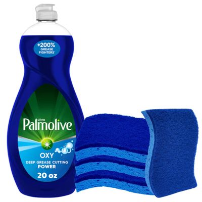 CCLEANAMA Bundle Palmolive Dish Soap Oxy Power Degreaser 20 fl oz + 4 Cellulose Non-Scratch Sponges. Kitchen Sponges & Dish Soap Liquid For cleaning Glasses, Pots, Pans, Stoves, Sink, Countertop.