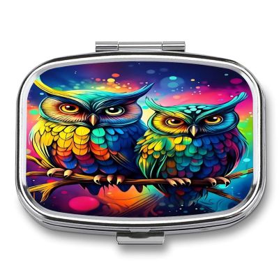 CASOWAT Colorful Owls Pill Box, 2 Compartment Pill Organizer Case for Pocket Or Purse, Small Portable Daily Travel Medicine Box with Mirror