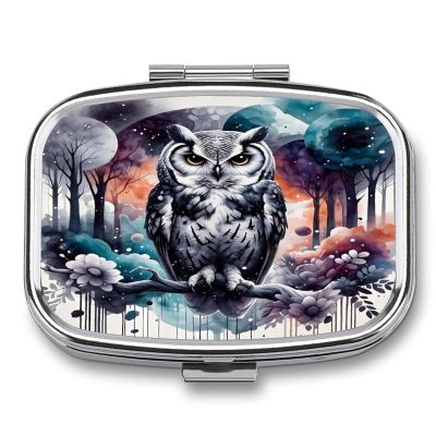 CASOWAT Watercolor Owl Pill Box, 2 Compartment Pill Organizer Case for Pocket Or Purse, Small Portable Daily Travel Medicine Box with Mirror