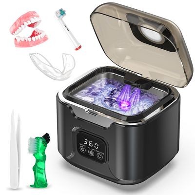 OVIMAZ Ultrasonic Retainer Cleaner Machine, Portable 48kHz Dental Retainer Cleaner with 240ml Capacity, Digital Mouth Guard Cleaner with Timer for Denture Aligner Jewelry and Makeup Tools (Black)