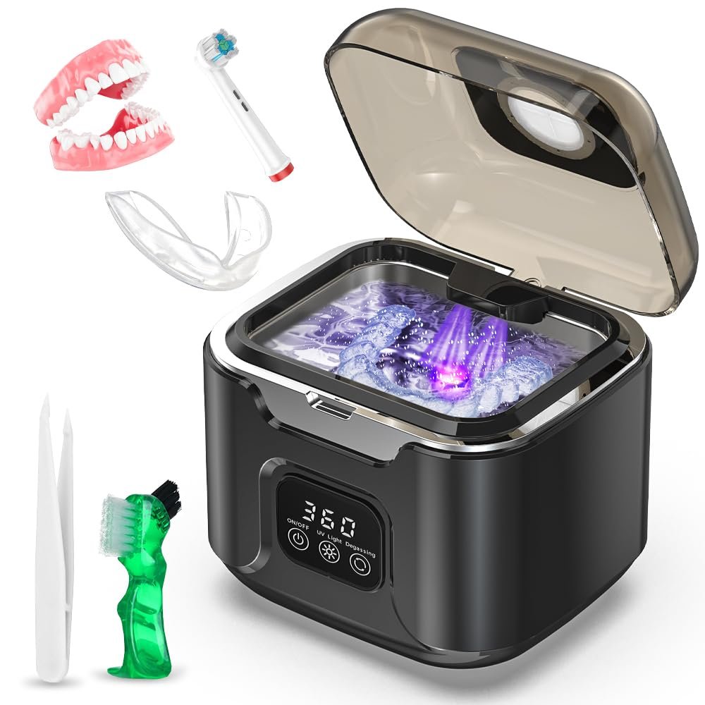 OVIMAZ Ultrasonic Retainer Cleaner Machine, Portable 48kHz Dental Retainer Cleaner with 240ml Capacity, Digital Mouth Guard Cleaner with Timer for Denture Aligner Jewelry and Makeup Tools (Black)