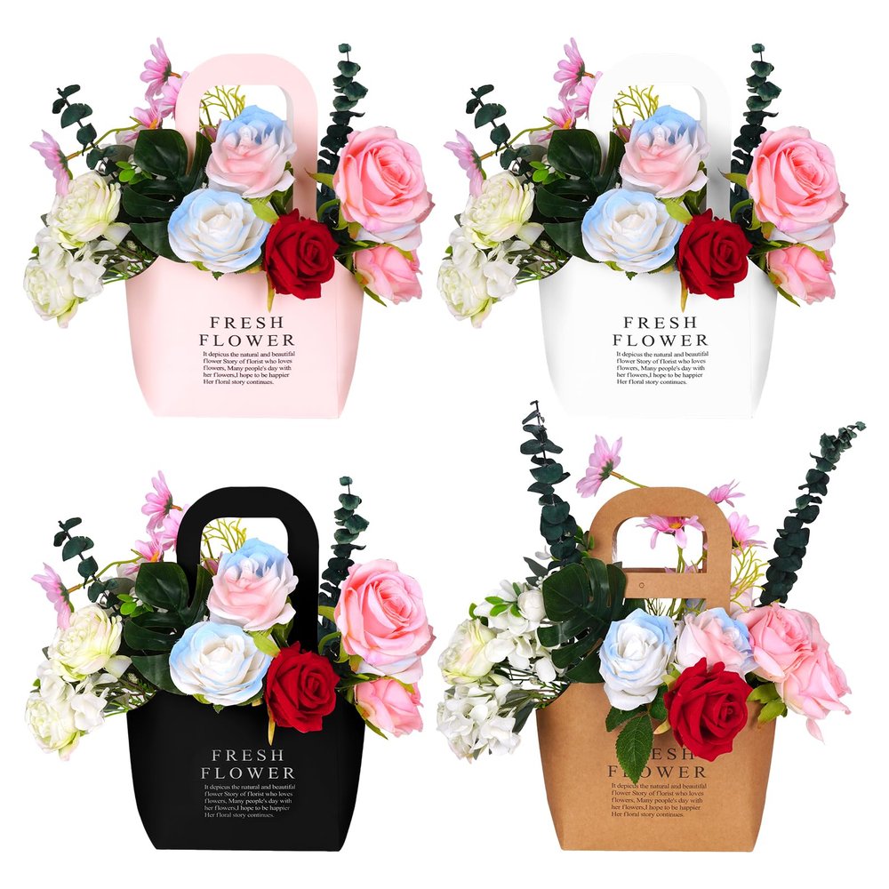 baotongle 8pcs Floral Bouquet Paper Bags Waterproof for Bouquets Portable Craft Flower Arrangement Boxes with Handle Bouquet Florist Packaging Wrap for Wedding Birthday Graduation Valentine's Day(Pink,Black,White and Craft Paper, Small)