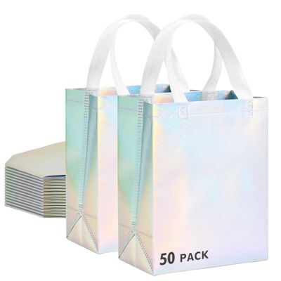 RACETOP 50 Pcs Iridescent Glossy Gift Bags Medium Size, 8x4x10 Inch Holographic Reusable Gift Bags with Handles & Sturdy Base, Ideal for Birthday, Wedding, Bachelorette, Party Favors, Holiday Goodie