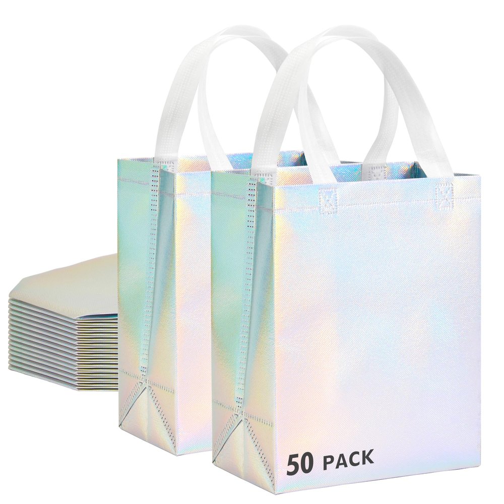 RACETOP 50 Pcs Iridescent Glossy Gift Bags Medium Size, 8x4x10 Inch Holographic Reusable Gift Bags with Handles & Sturdy Base, Ideal for Birthday, Wedding, Bachelorette, Party Favors, Holiday Goodie