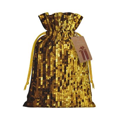 Burlap Santa Sack with Tags, Yellow Christmas Ribbon Holiday Gift Wrap Bag Reusable Drawstring Gift Bag Gold Sequin Sparkle Gift Wrapping Bags Personalized Christmas Sacks for Presents Small