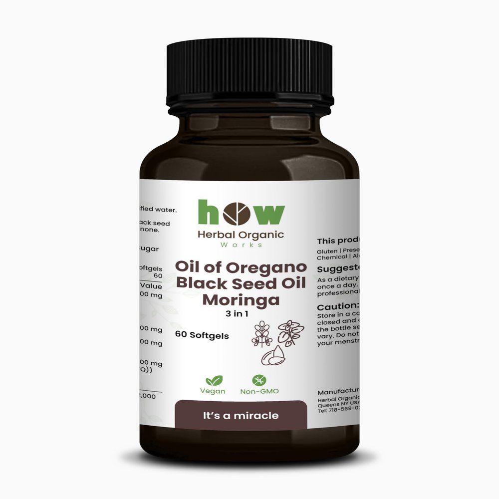 3-in-1 Oregano Oil, Black Seed Oil & Moringa 60 Vegan Capsules | Herbal Blend Supplement | Non-GMO, Sugar-Free, Gluten-Free | Daily Wellness Support
